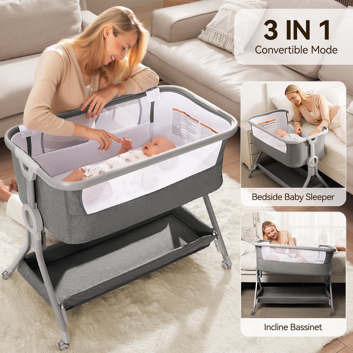 Larex 3 in 1 Baby Bassinet Bedside Crib